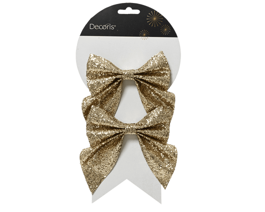 Set of 2 gold bows, 13 cm high, with glitter
