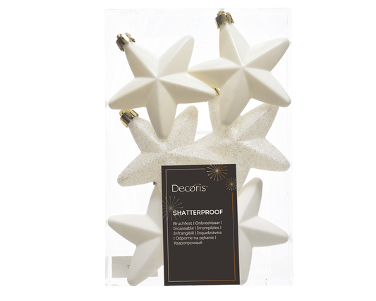 6 little white plastic stars with wool