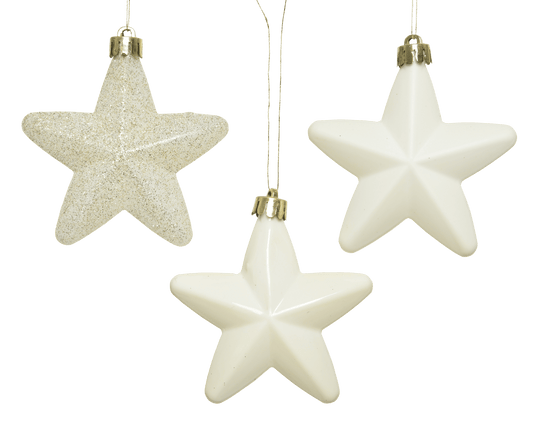 6 little white plastic stars with wool