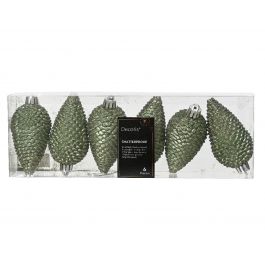 6 GREEN PLASTIC PINE CONES 8 CM