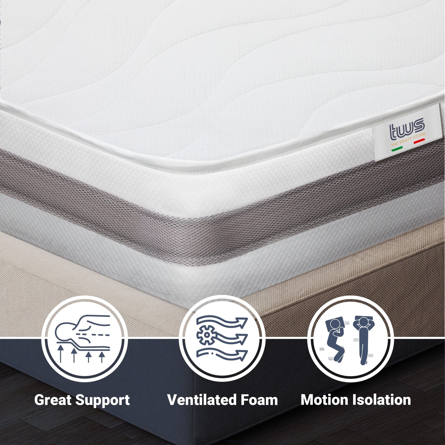 The White Stone Orthopedic Mattress 80 x 190 cm | Height 20 cm | 3D Air Cover in Hypoallergenic and Anti-Mite Fiber | 7 Thermosensitive Differentiated Zones