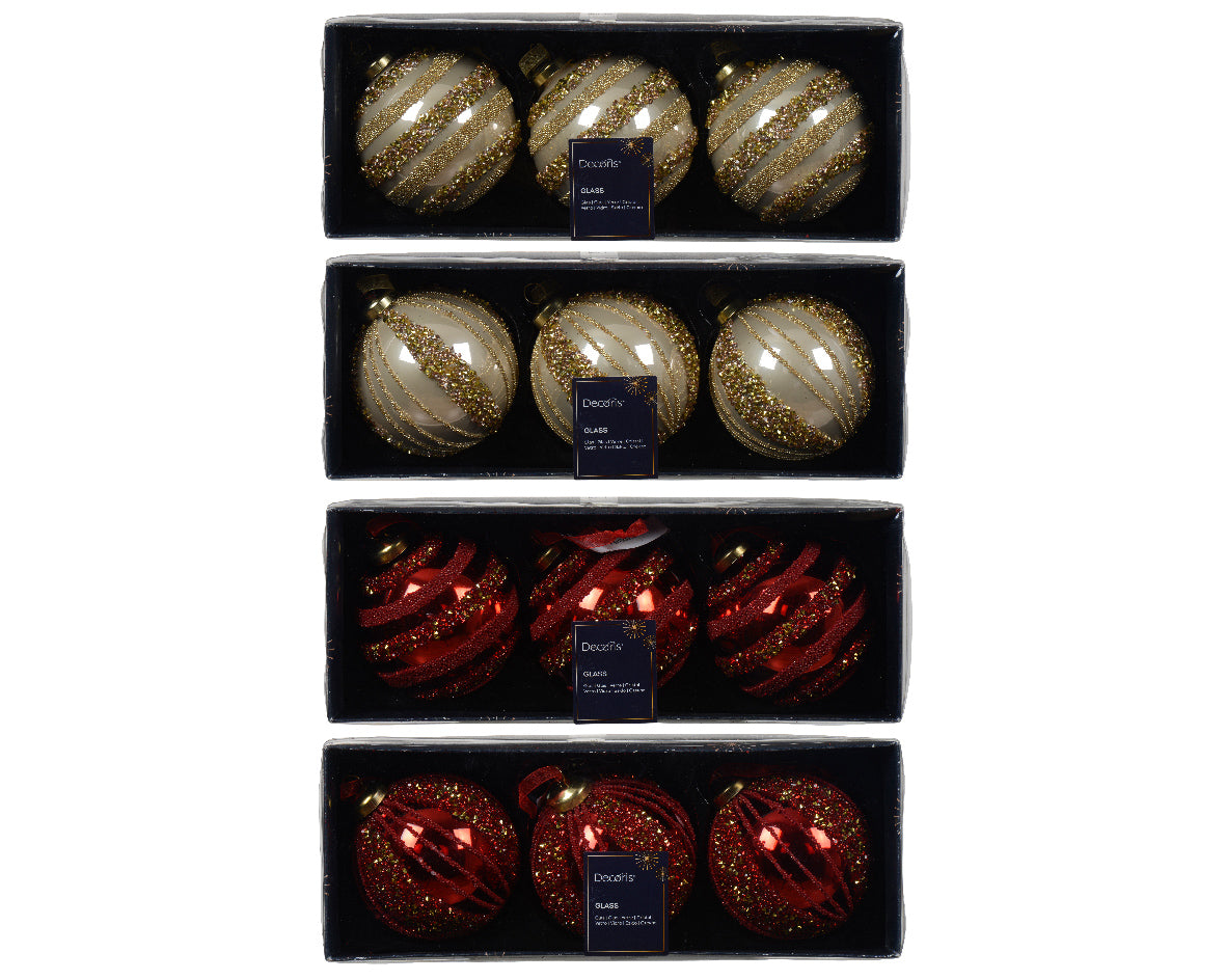 Set of 3 red and gold glass Christmas baubles, 8 cm in diameter, with a pearlescent finish