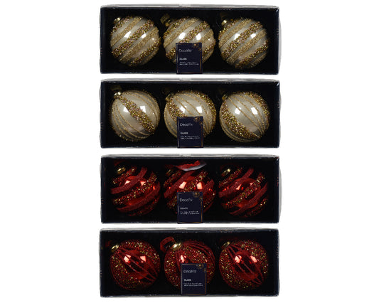 Set of 3 red and gold glass Christmas baubles, 8 cm in diameter, with a pearlescent finish