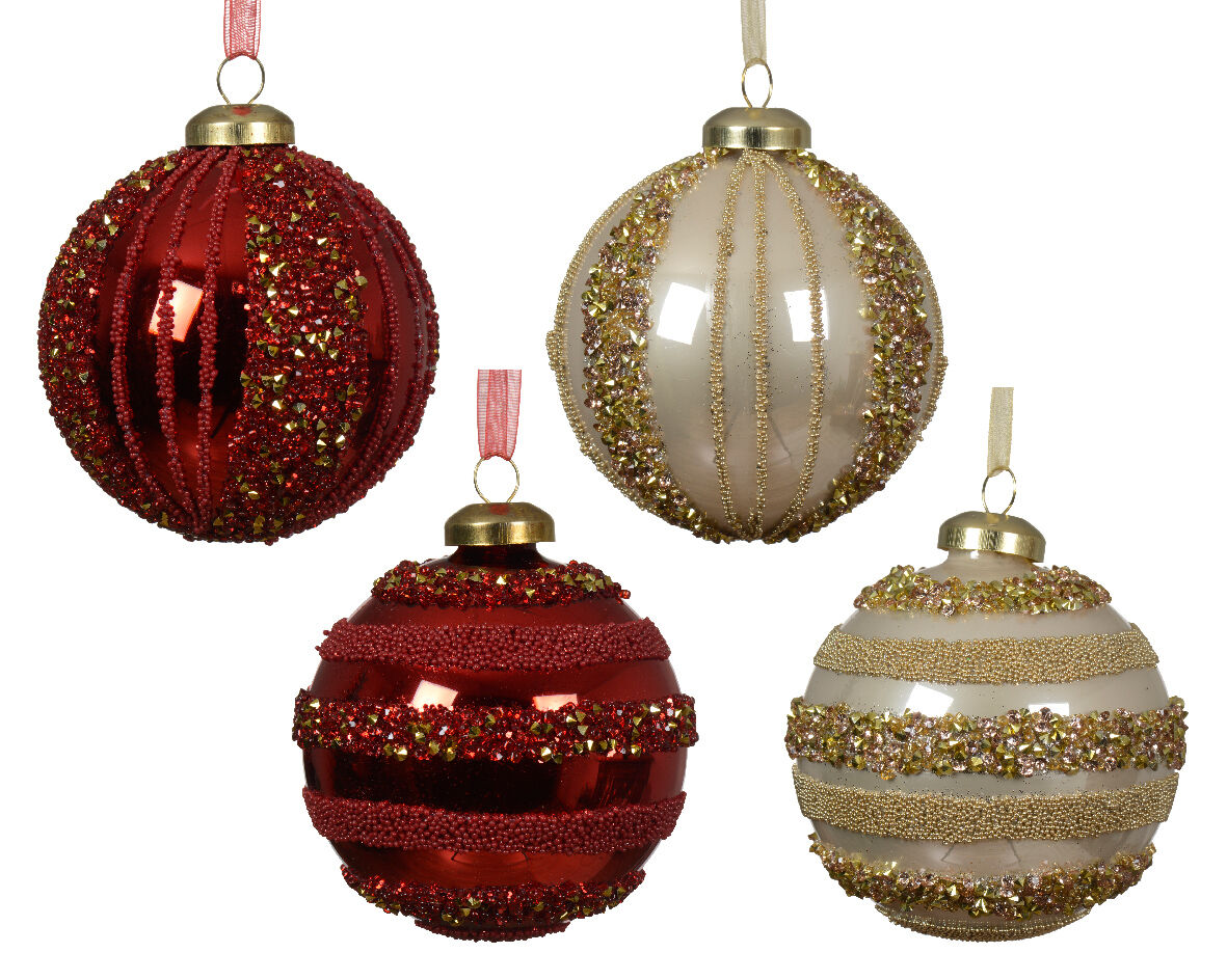 Set of 3 red and gold glass Christmas baubles, 8 cm in diameter, with a pearlescent finish