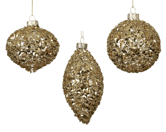 Gold glass ornament, 8 cm in diameter, assorted glitter finishes