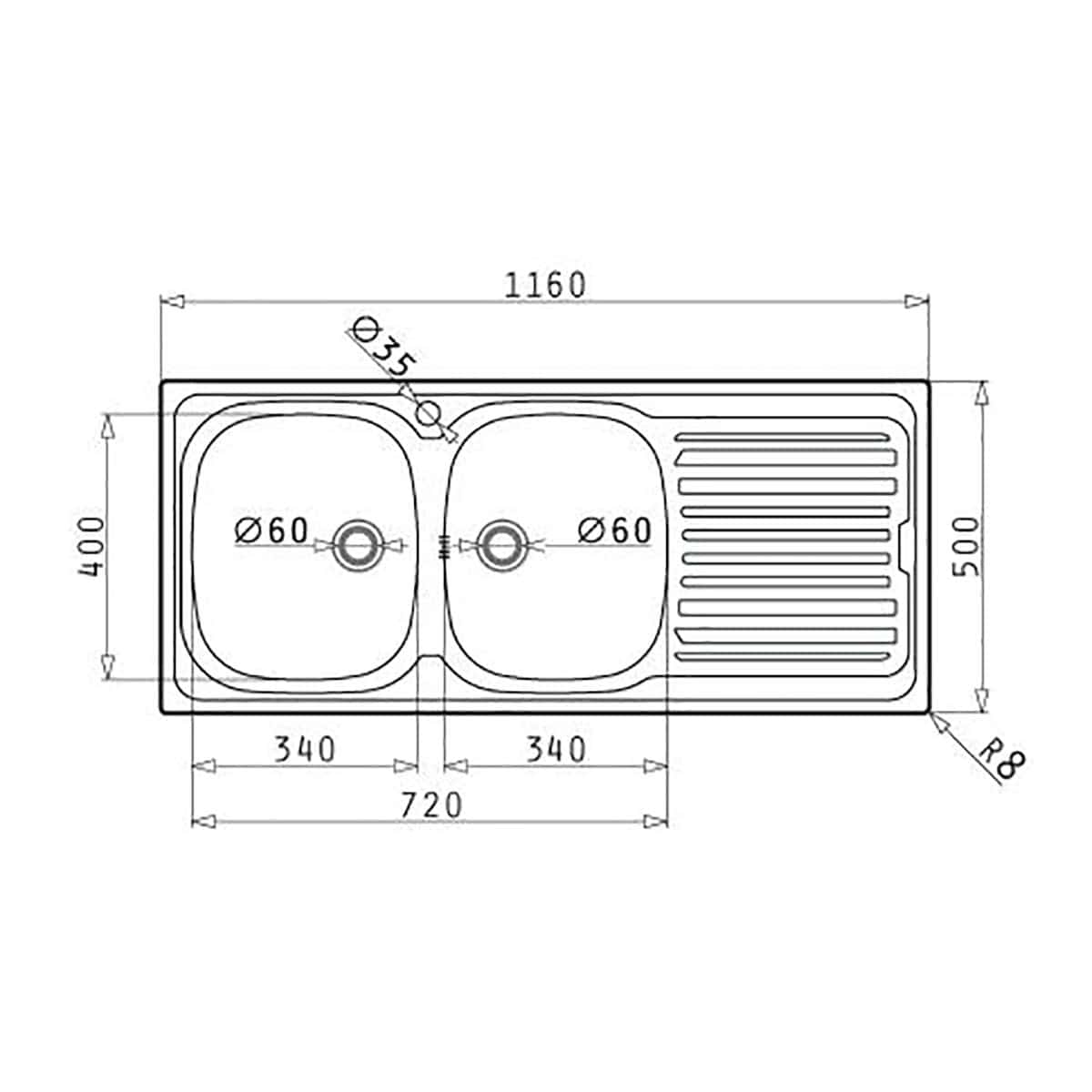 Bricocenter LAVELLO INCASSO L116x50P 2/V DX GOCCIOLATOIO SX + PILET.3,5 INOX