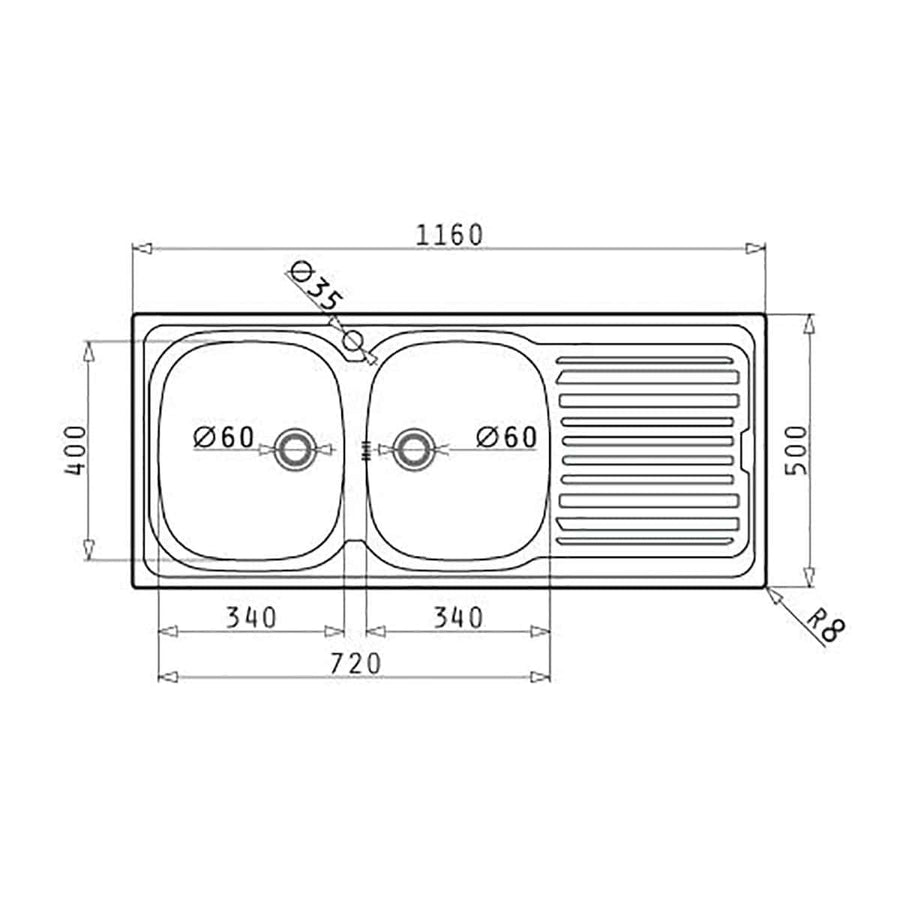Bricocenter LAVELLO INCASSO L116x50P 2/V DX GOCCIOLATOIO SX + PILET.3,5 INOX