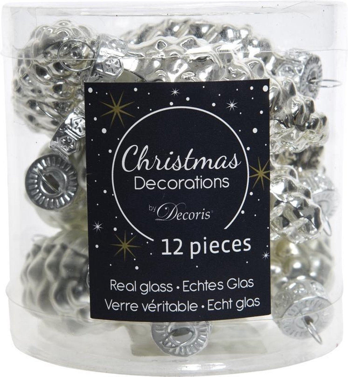 12 SILVER GLASS PINECONES 2.5X6CM