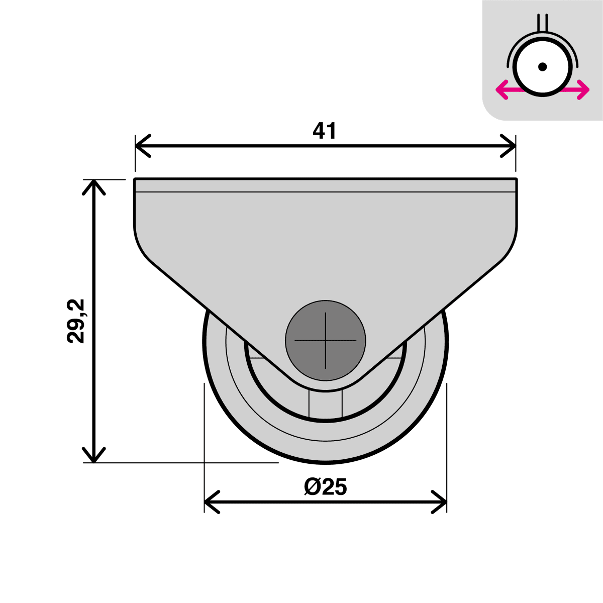 25 MM DIAMETER NYLON AND RUBBER WHEEL, FIXED SUPPORT