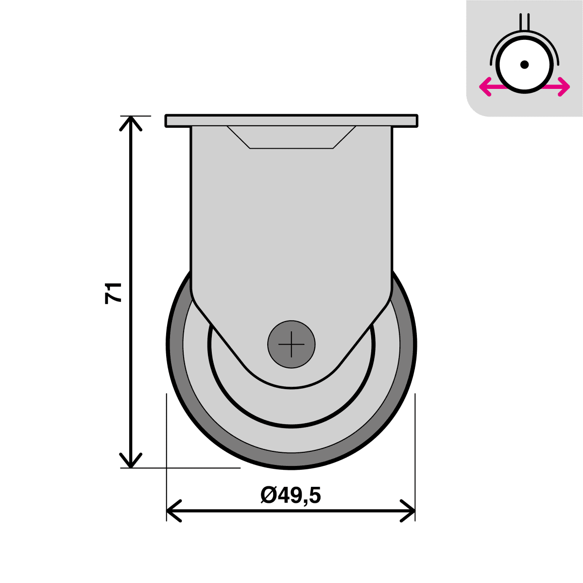 50 MM DIAMETER NYLON AND RUBBER WHEEL, FIXED SUPPORT