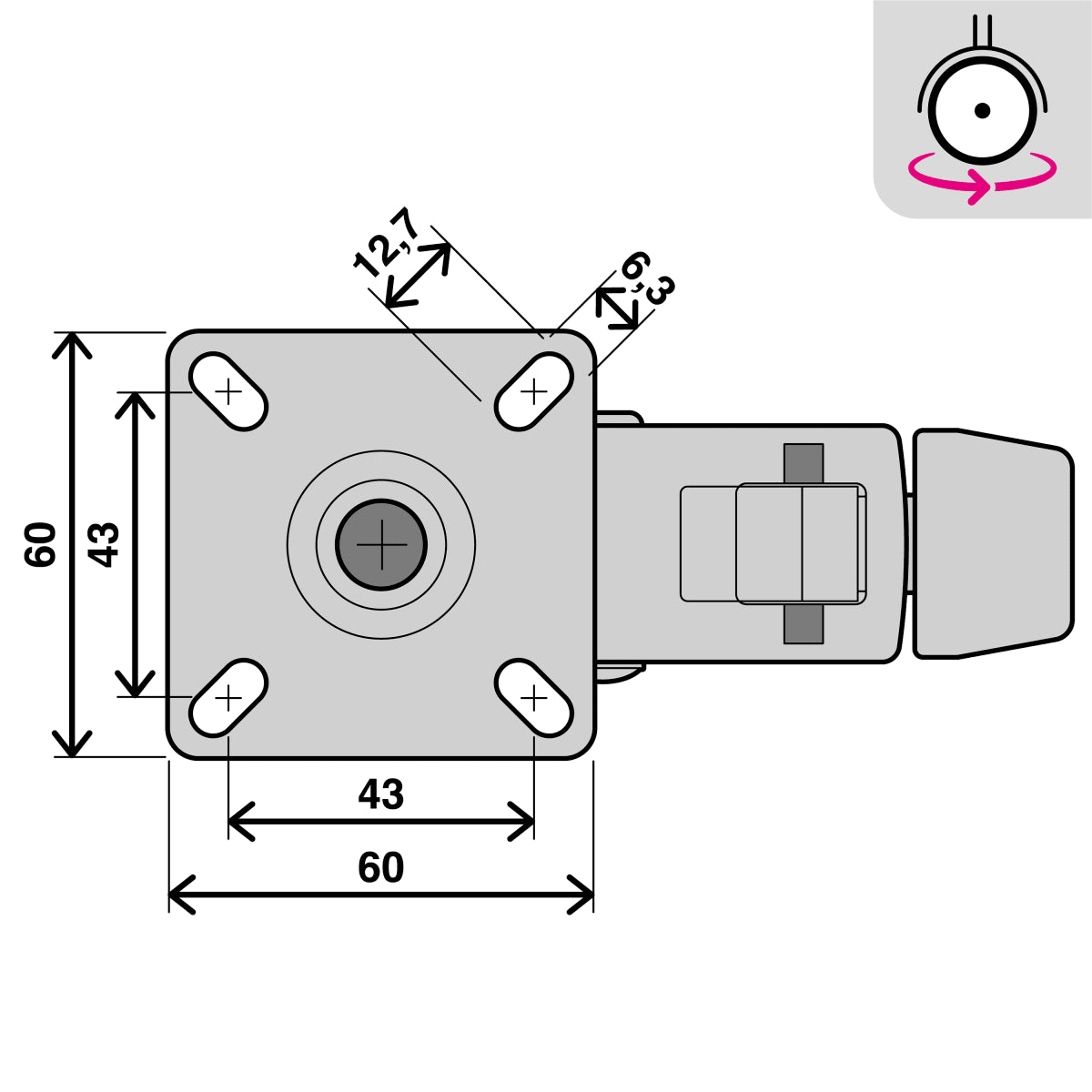 60MM DIAMETER LIGHT WHEEL WITH BRAKE WITH PLATE