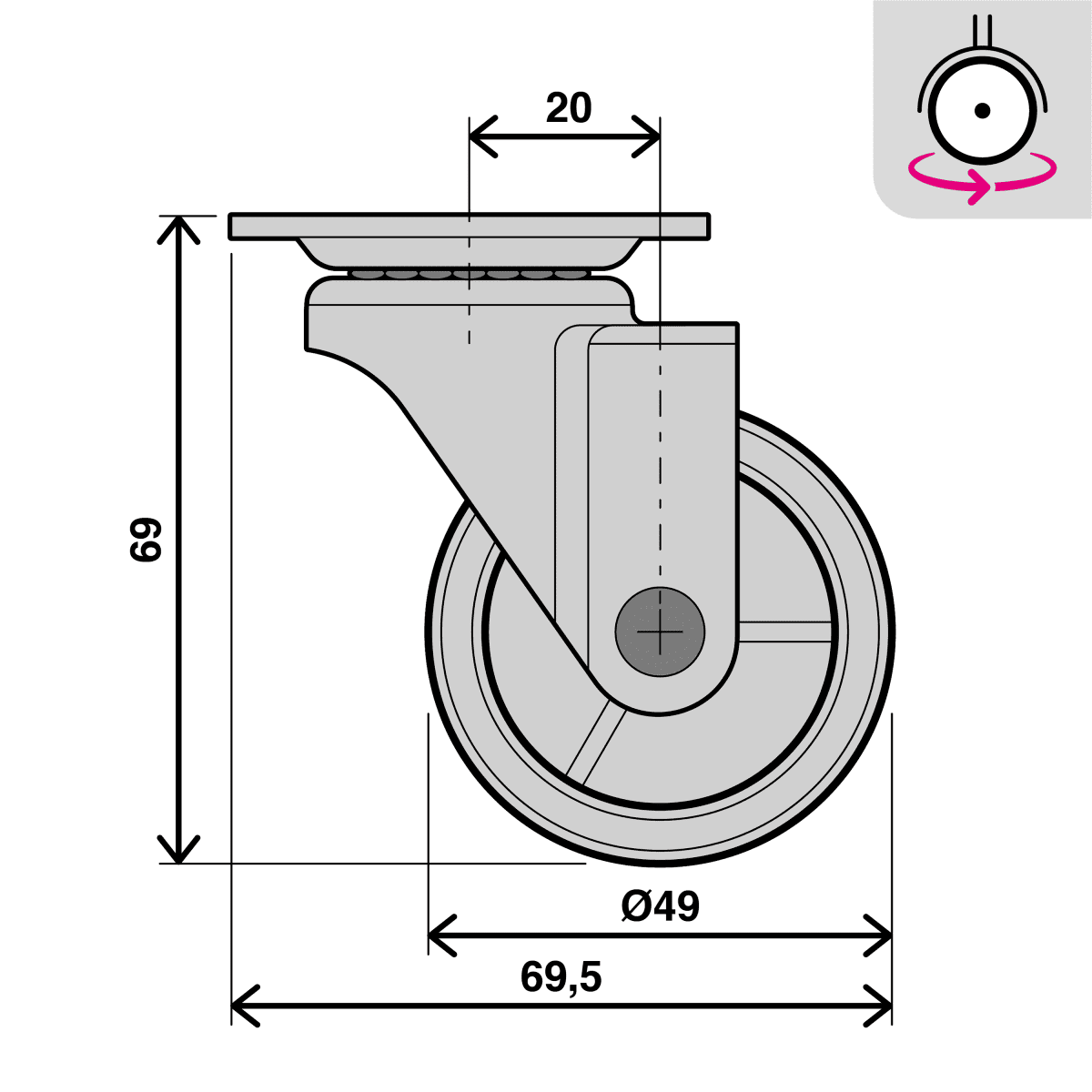 50 MM DIAMETER POLYPROPYLENE SWIVEL WHEEL WITH PLATE