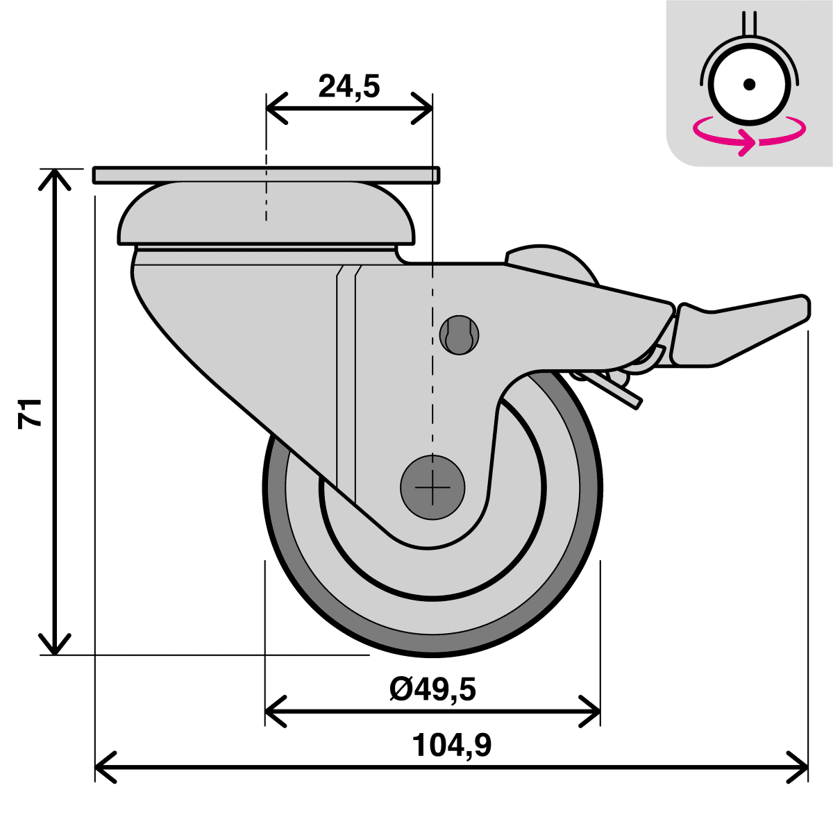 LIGHT WHEEL WITH BRAKE DIAMETER 50 MM WITH PLATE