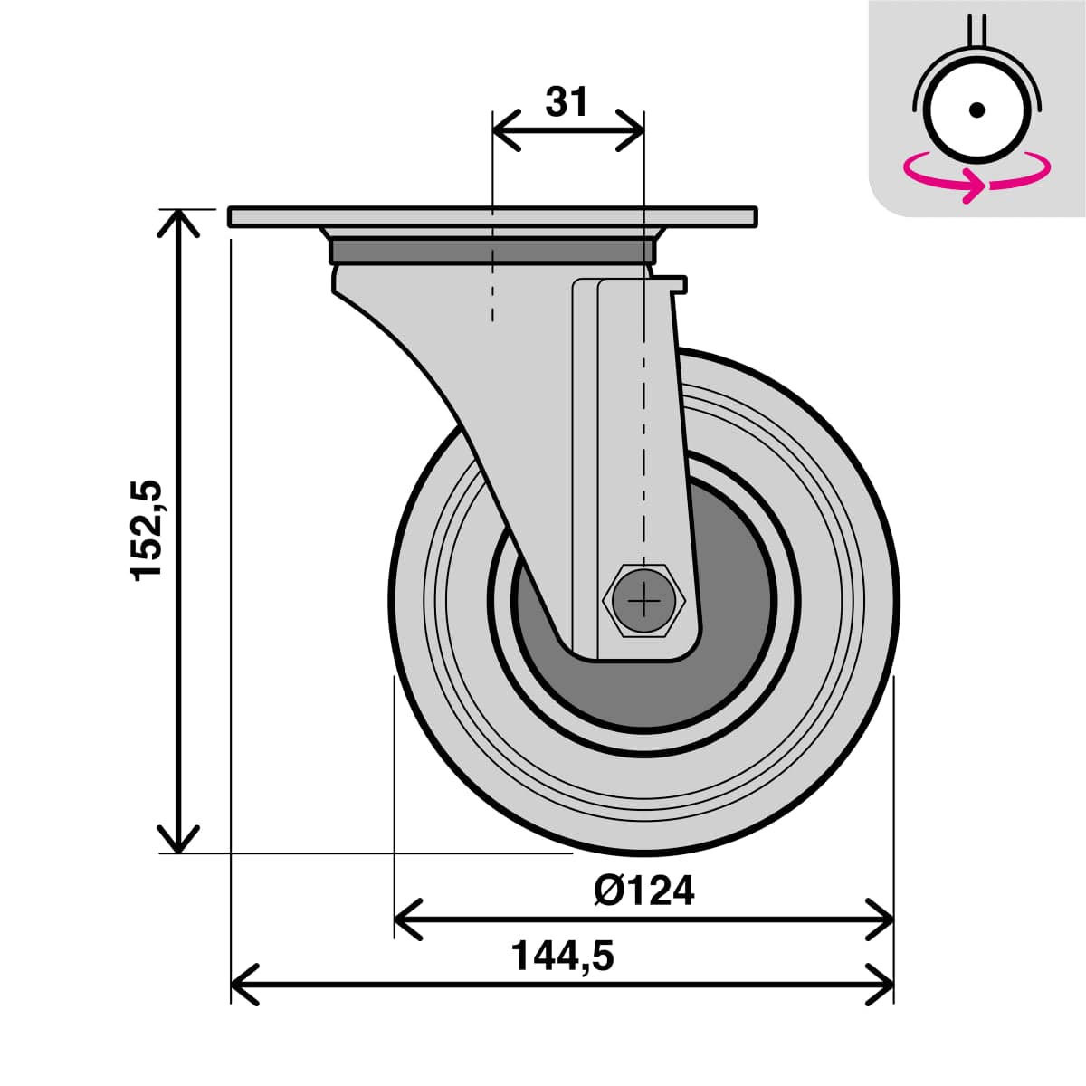 125MM DIAMETER SWIVEL RUBBER WHEEL WITH PLATE