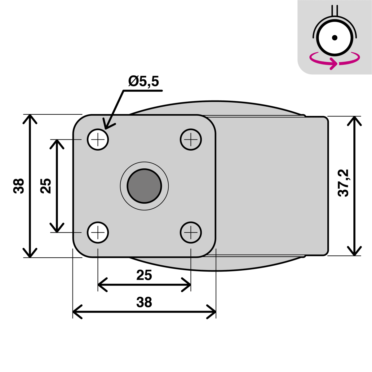 50 MM DIAMETER SWIVEL TWIN WHEEL WITH PLATE, LOAD 20 KG