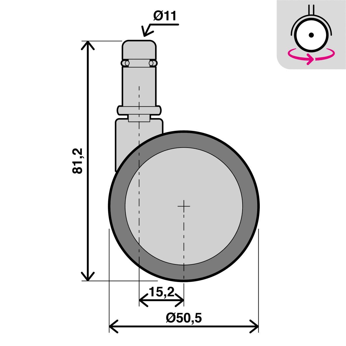 50 MM DIAMETER SWIVEL TWIN WHEEL WITH 10 MM SMOOTH AXLE