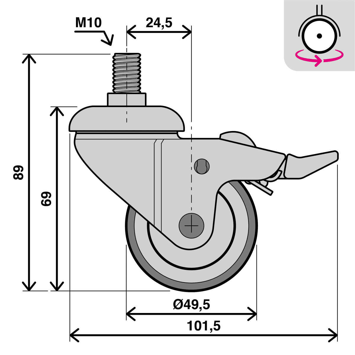SWIVEL WHEEL WITH BRAKE DIAMETER 50 MM GALVANISED SUPPORT WITH THREADED PIN