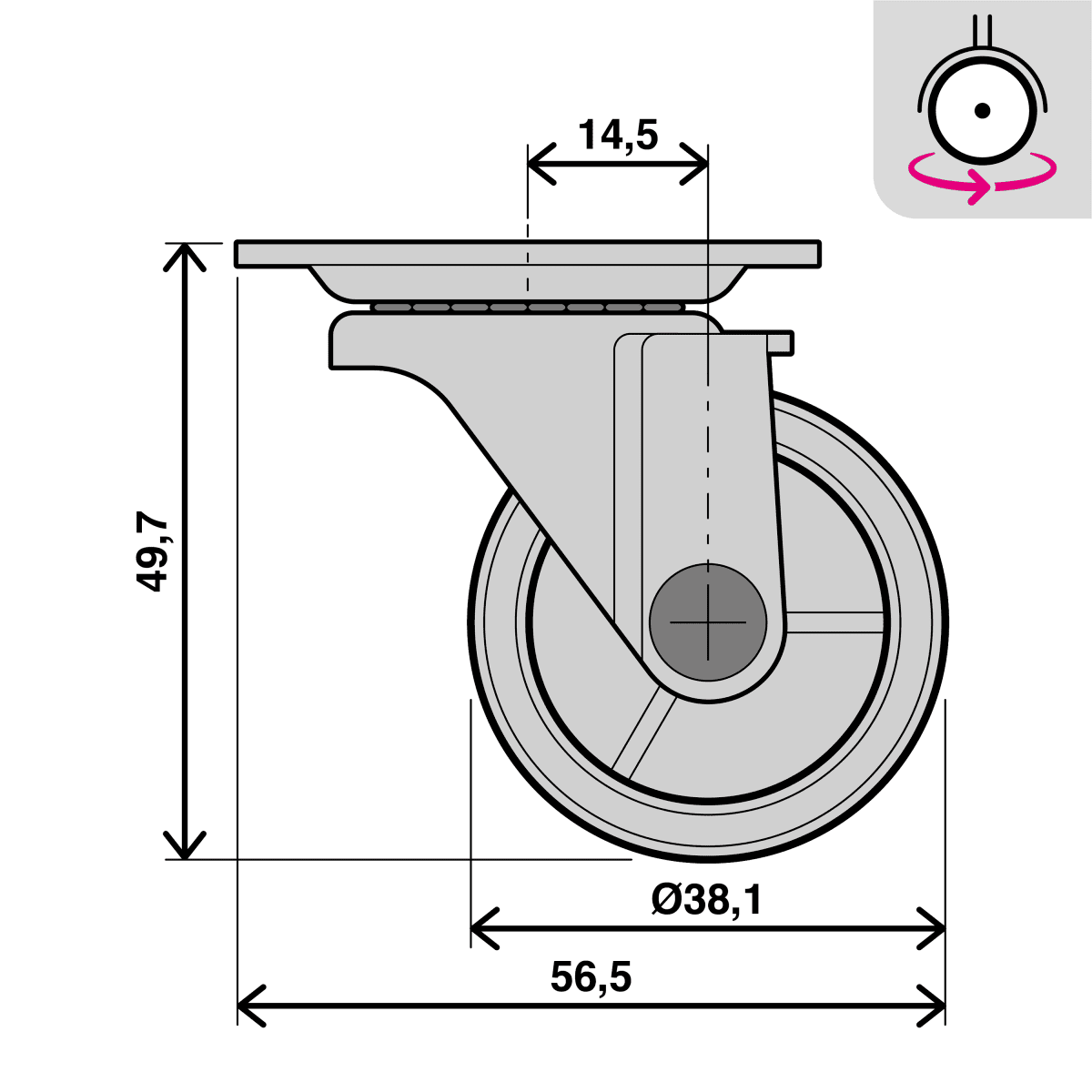 40 MM DIAMETER POLYPROPYLENE SWIVEL WHEEL WITH PLATE