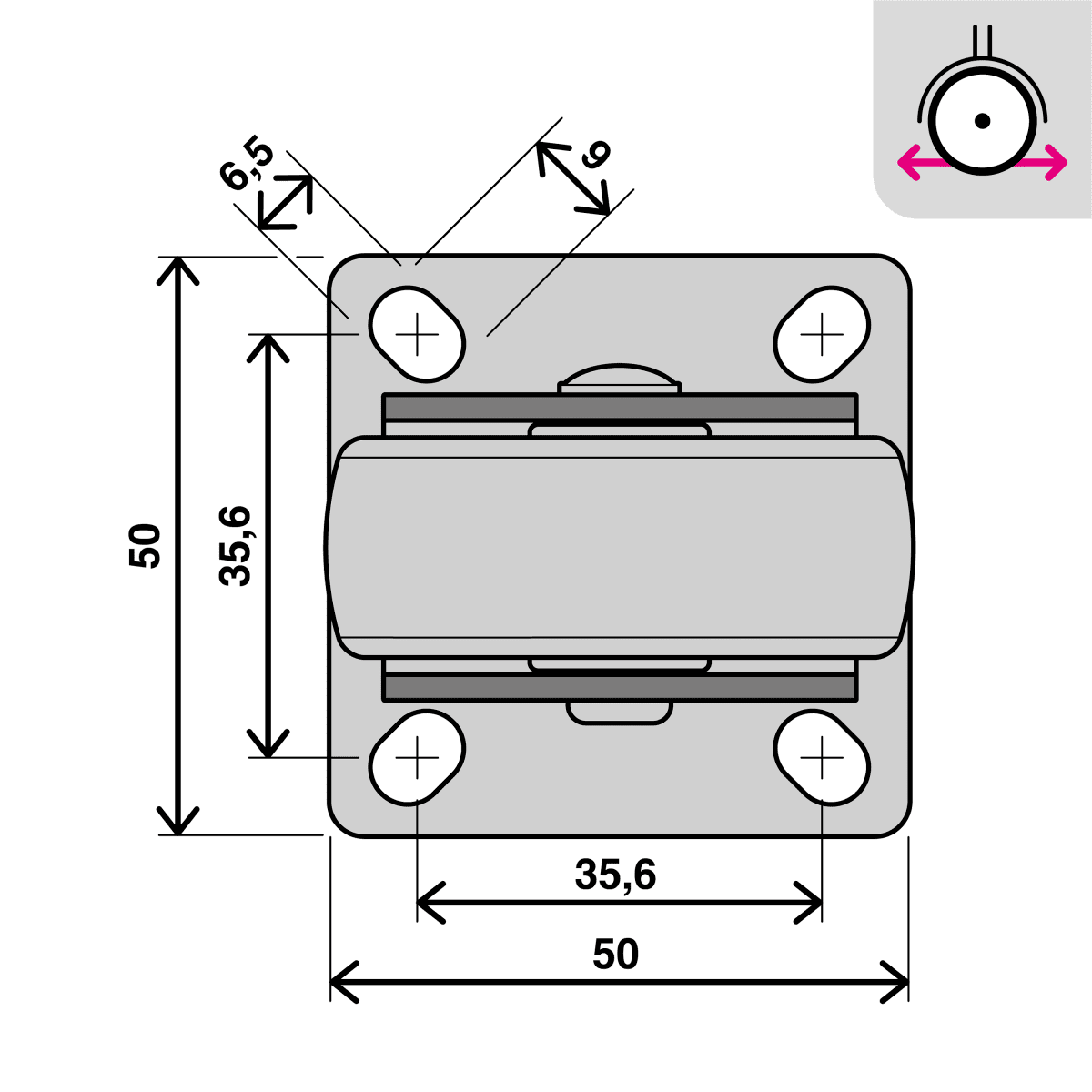 50 MM DIAMETER NYLON AND RUBBER WHEEL, FIXED SUPPORT