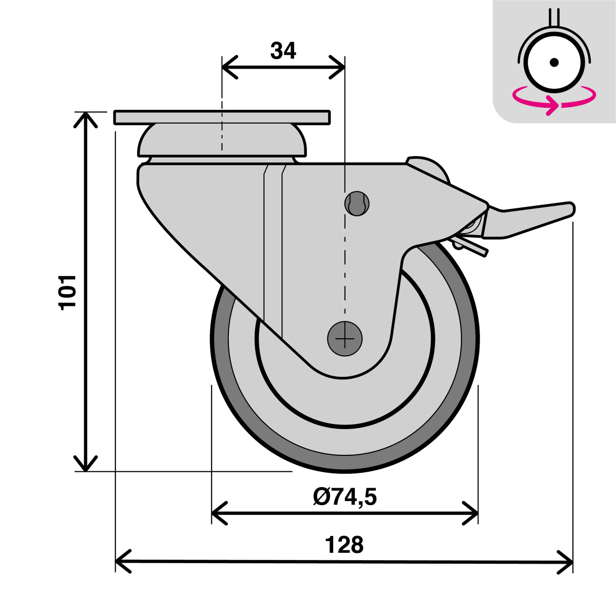 60MM DIAMETER LIGHT WHEEL WITH BRAKE WITH PLATE