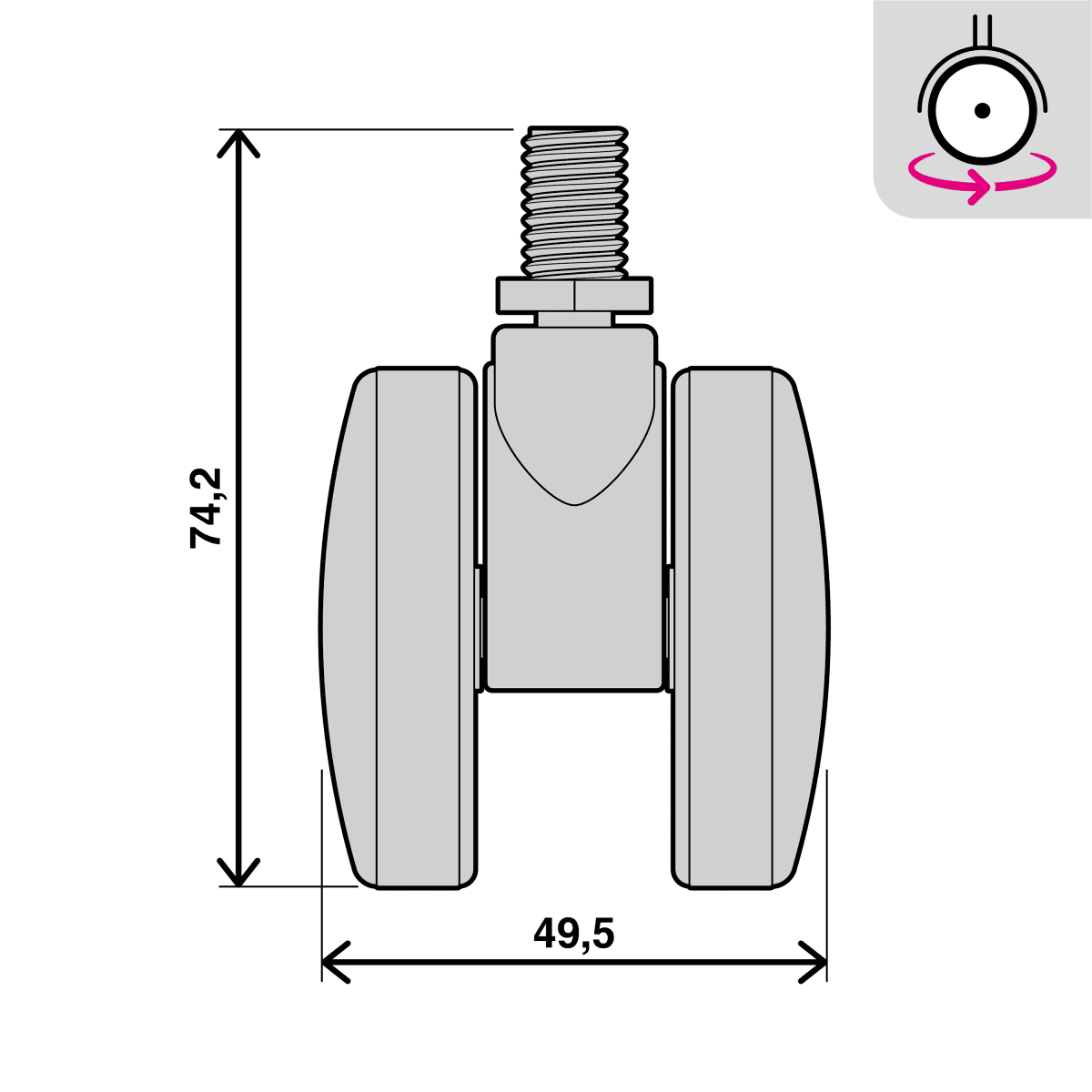 50 MM DIAMETER SWIVEL TWIN WHEEL WITH 10 MM THREADED STUD