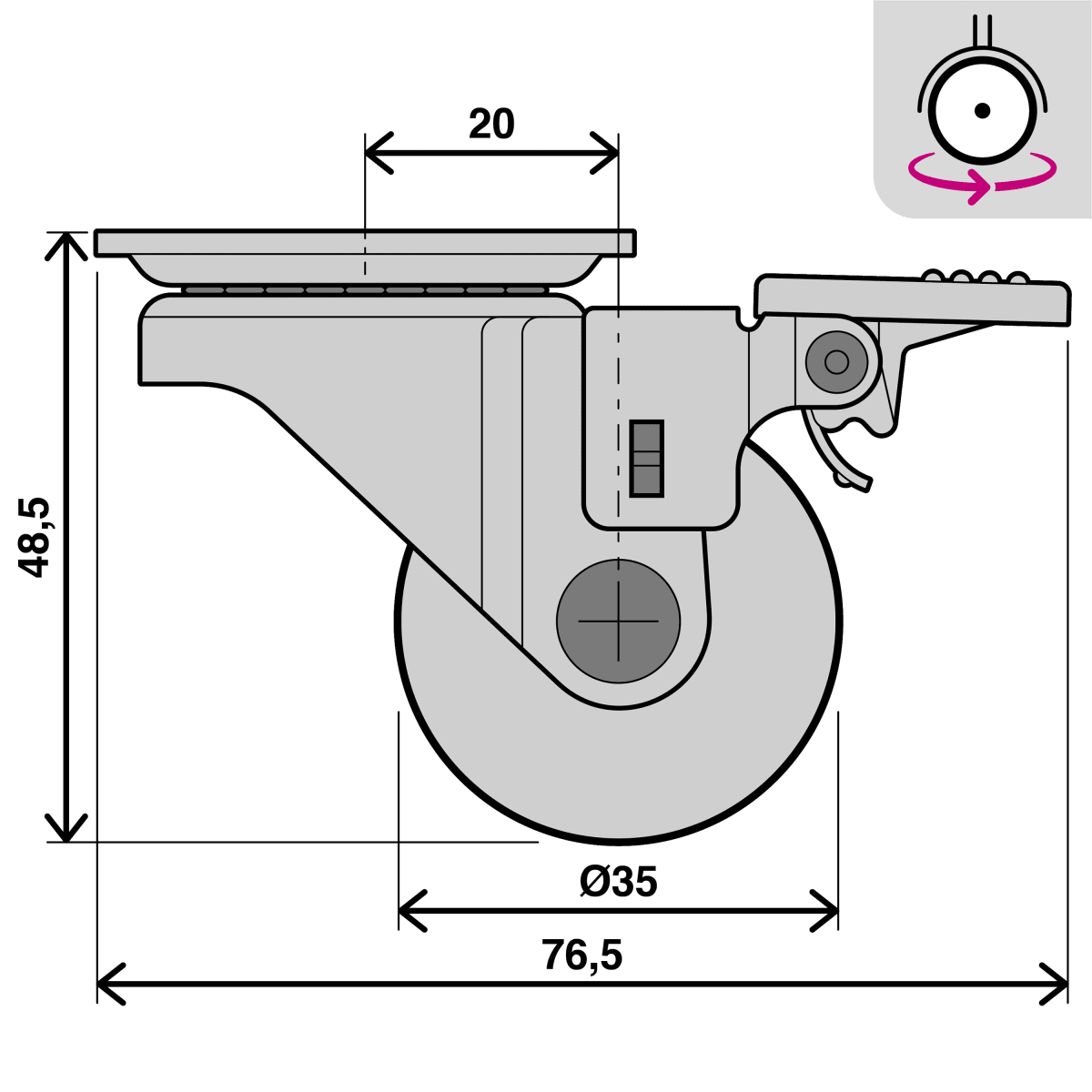35 MM TRANSPARENT LIGHT WHEEL WITH BRAKE AND PLATE