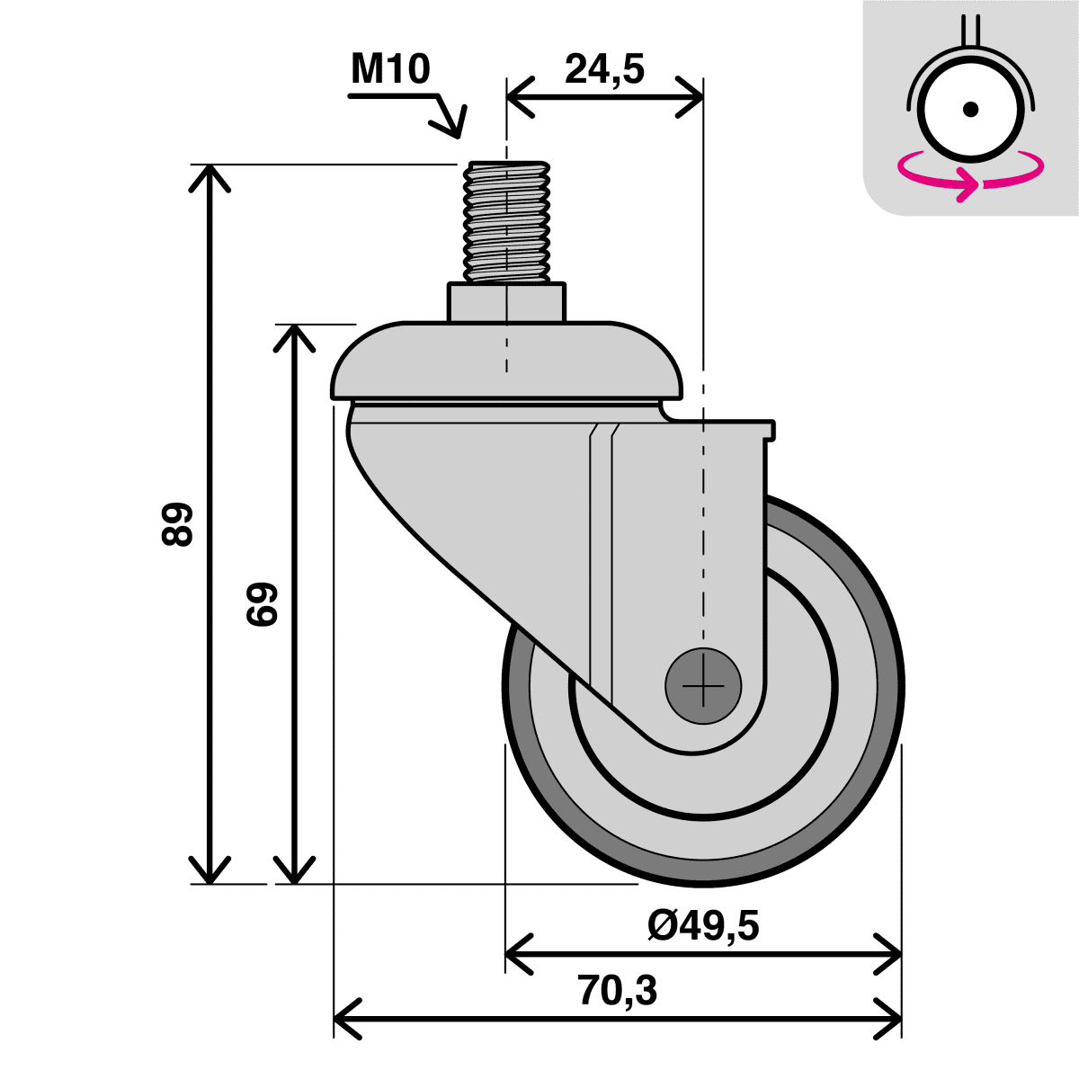 SWIVEL WHEEL DIAMETER 50 MM GALVANISED SUPPORT WITH THREADED PIN