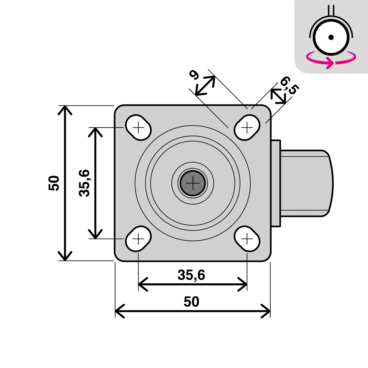 50 MM DIAMETER POLYPROPYLENE SWIVEL WHEEL WITH PLATE