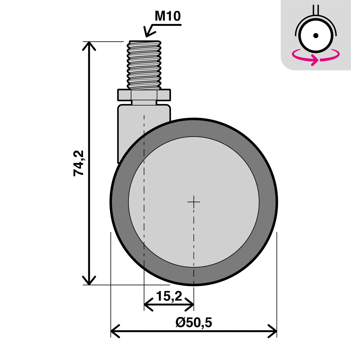 50 MM DIAMETER SWIVEL TWIN WHEEL WITH 10 MM THREADED STUD