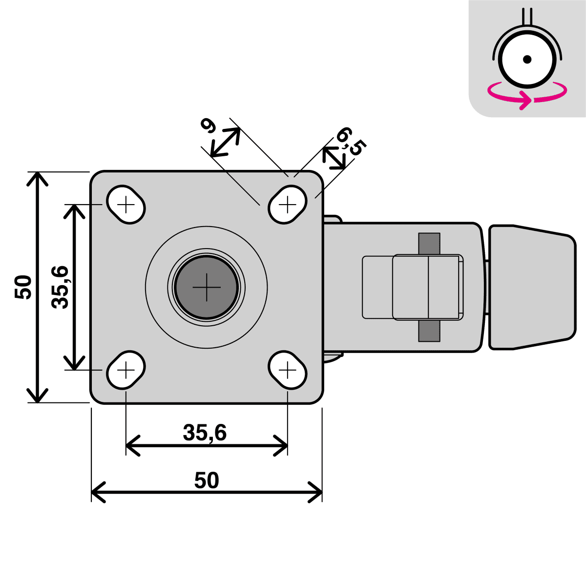 LIGHT WHEEL WITH BRAKE DIAMETER 50 MM WITH PLATE