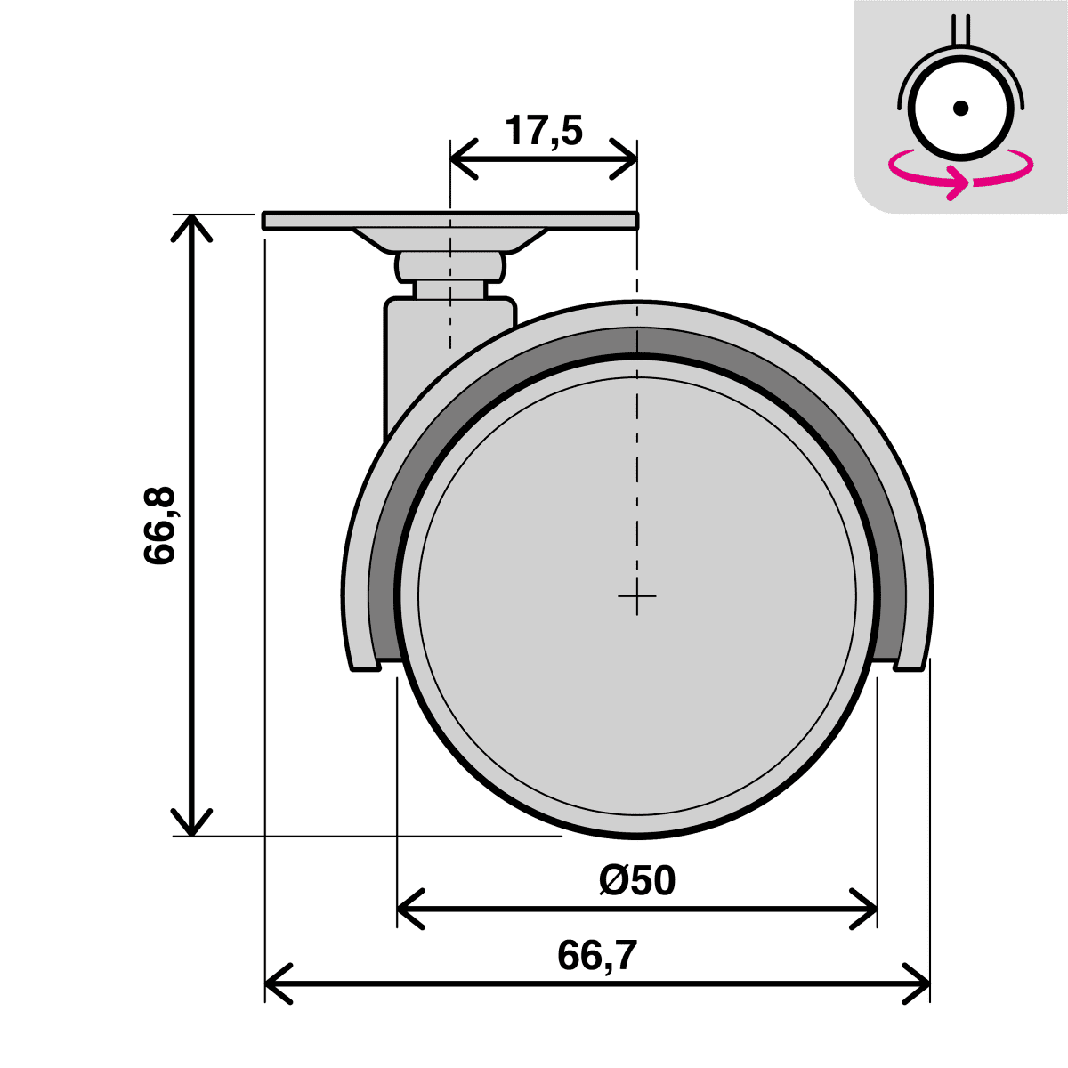50 MM DIAMETER SWIVEL TWIN WHEEL WITH PLATE, LOAD 20 KG
