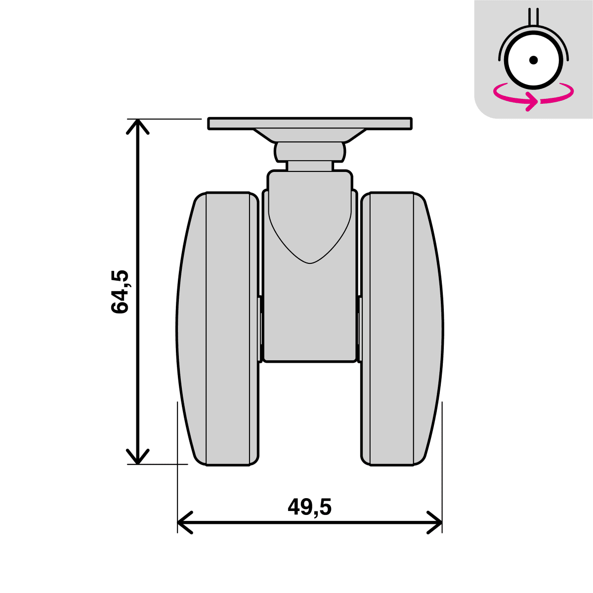 50 MM DIAMETER SWIVEL TWIN WHEEL WITH PLATE