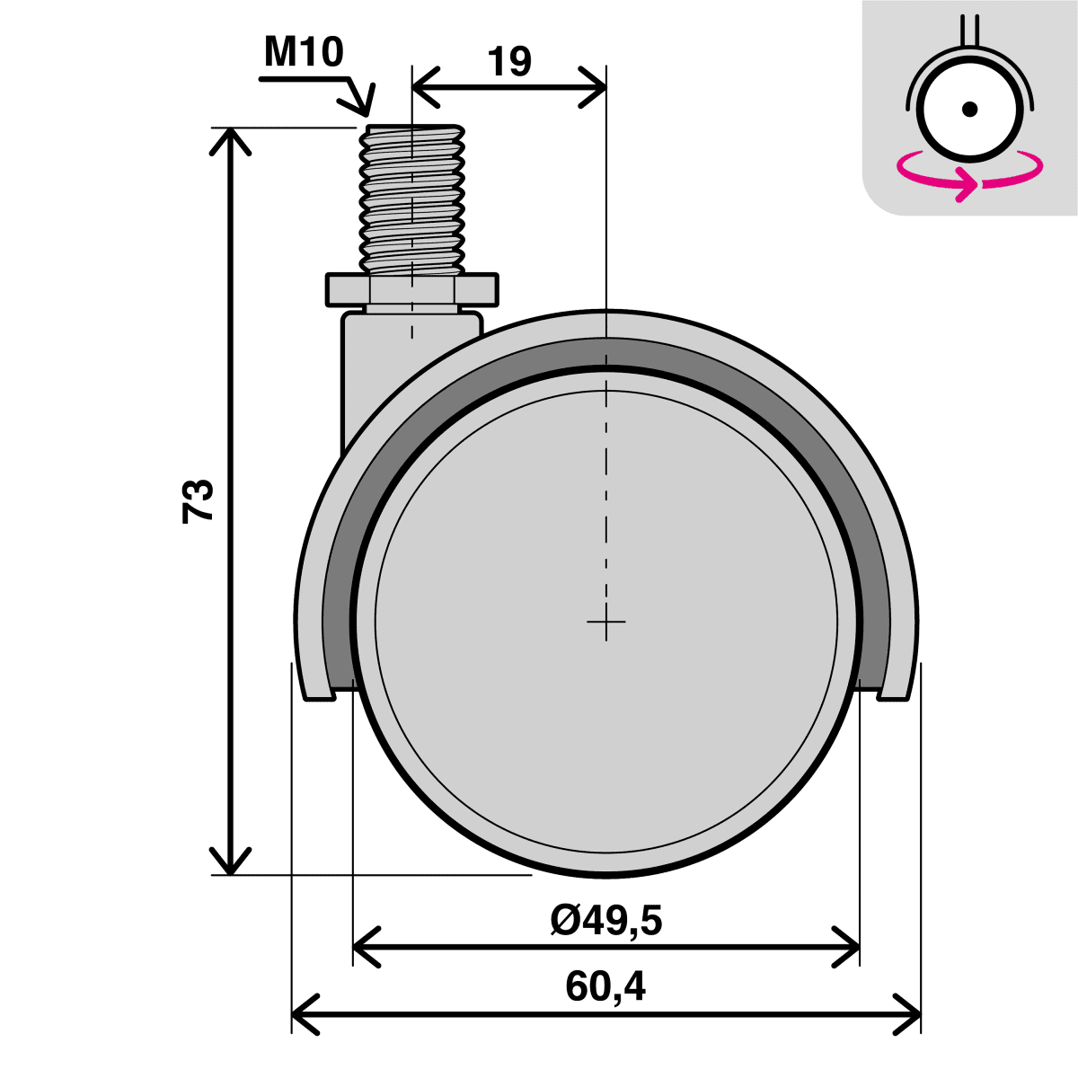 50 MM DIAMETER SWIVEL TWIN WHEEL WITH THREADED PIN