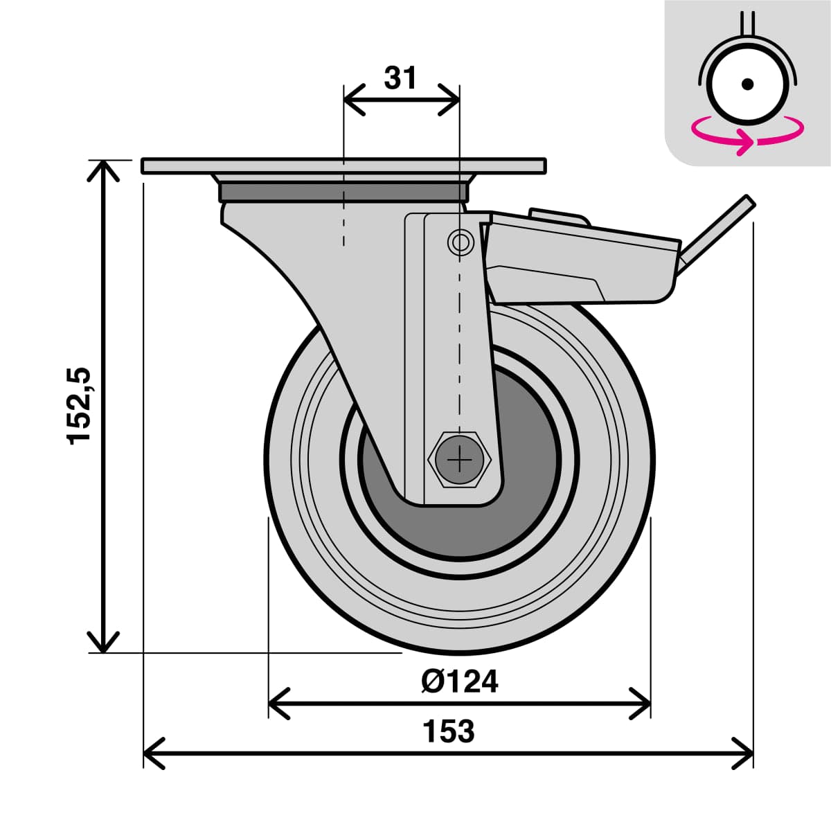 Bricocenter NON-SLIP WHEEL WITH BRAKE 125MM