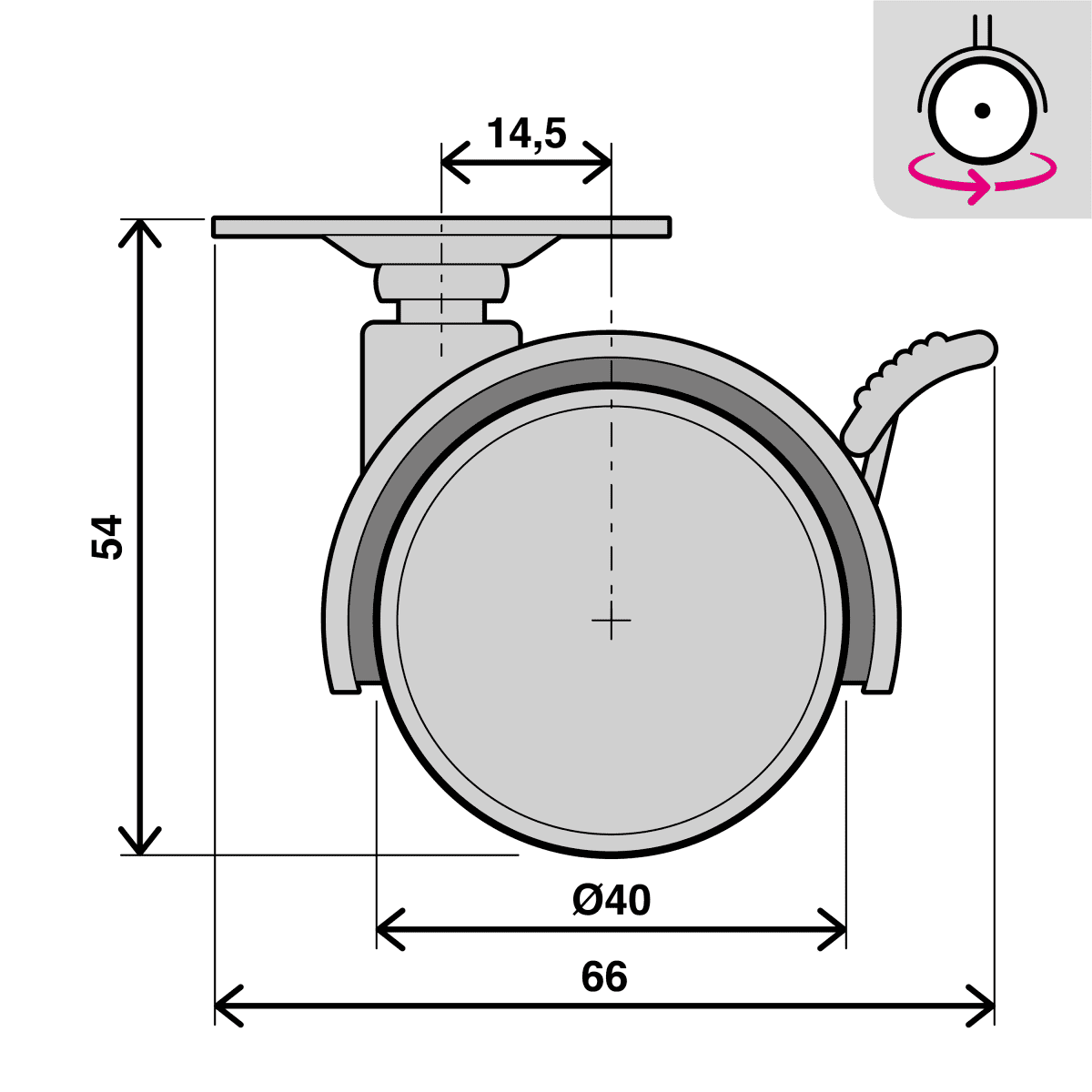 40 MM DIAMETER GREVOLE TWIN WHEEL WITH PLATE AND BRAKE