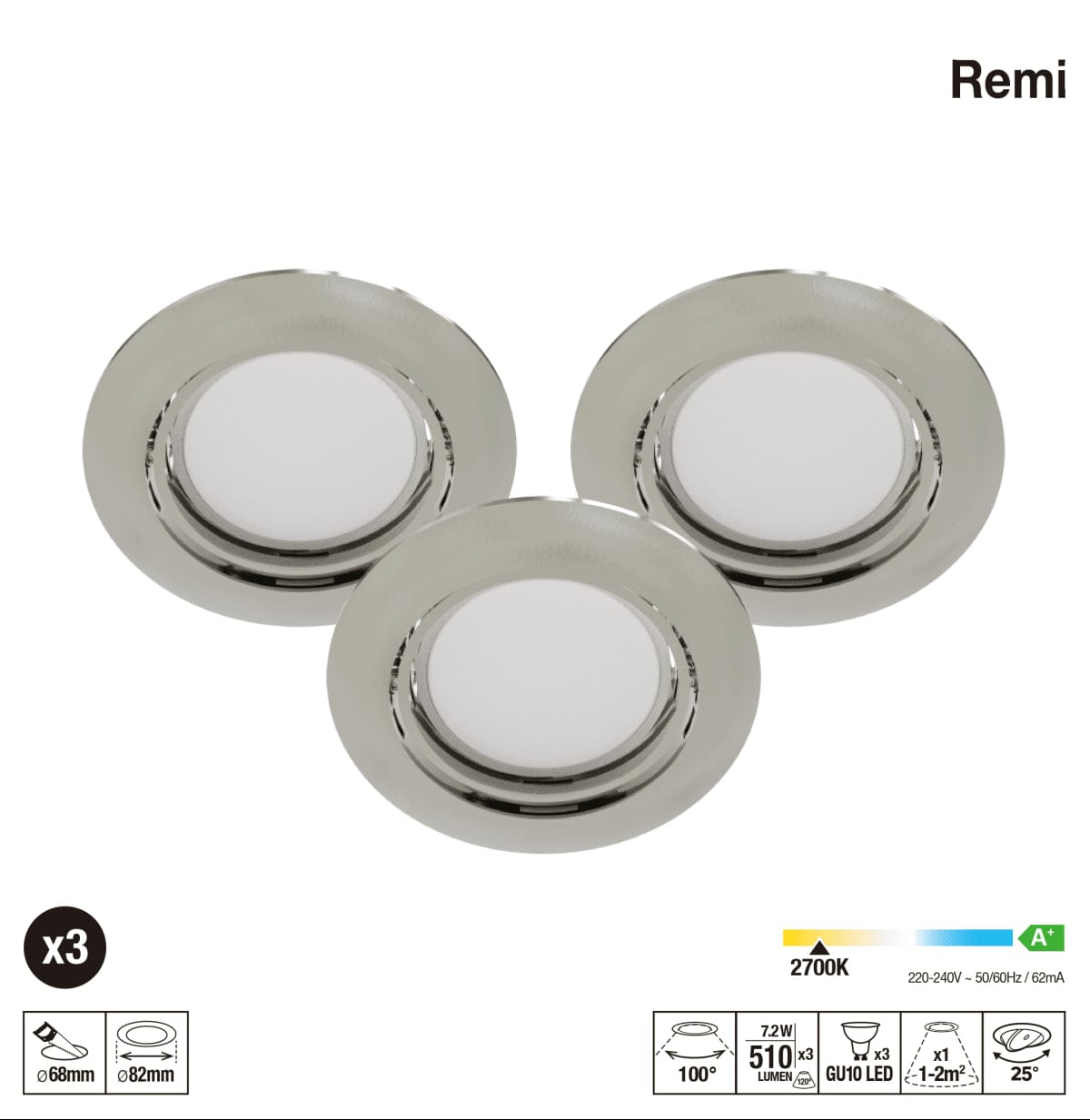 3 RECESSED SPOTLIGHTS REMI PLASTIC NICKEL LED GU10=50W ADJUSTABLE