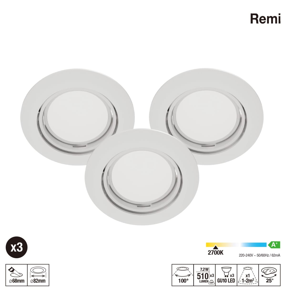 3 RECESSED SPOTLIGHTS REMI PLASTIC WHITE LED GU10=50W ADJUSTABLE