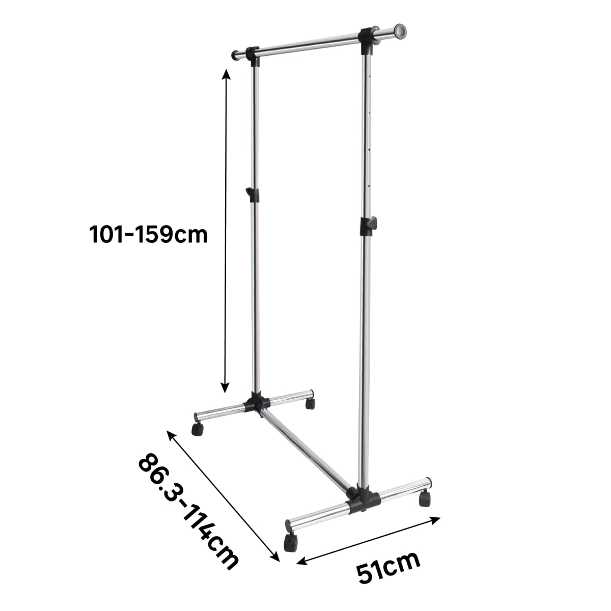 STAND WITH 1 BAR AND WHEELS W86.3xD51xH159CM CHROMIUM-METAL HEIGHT ADJUSTMENT