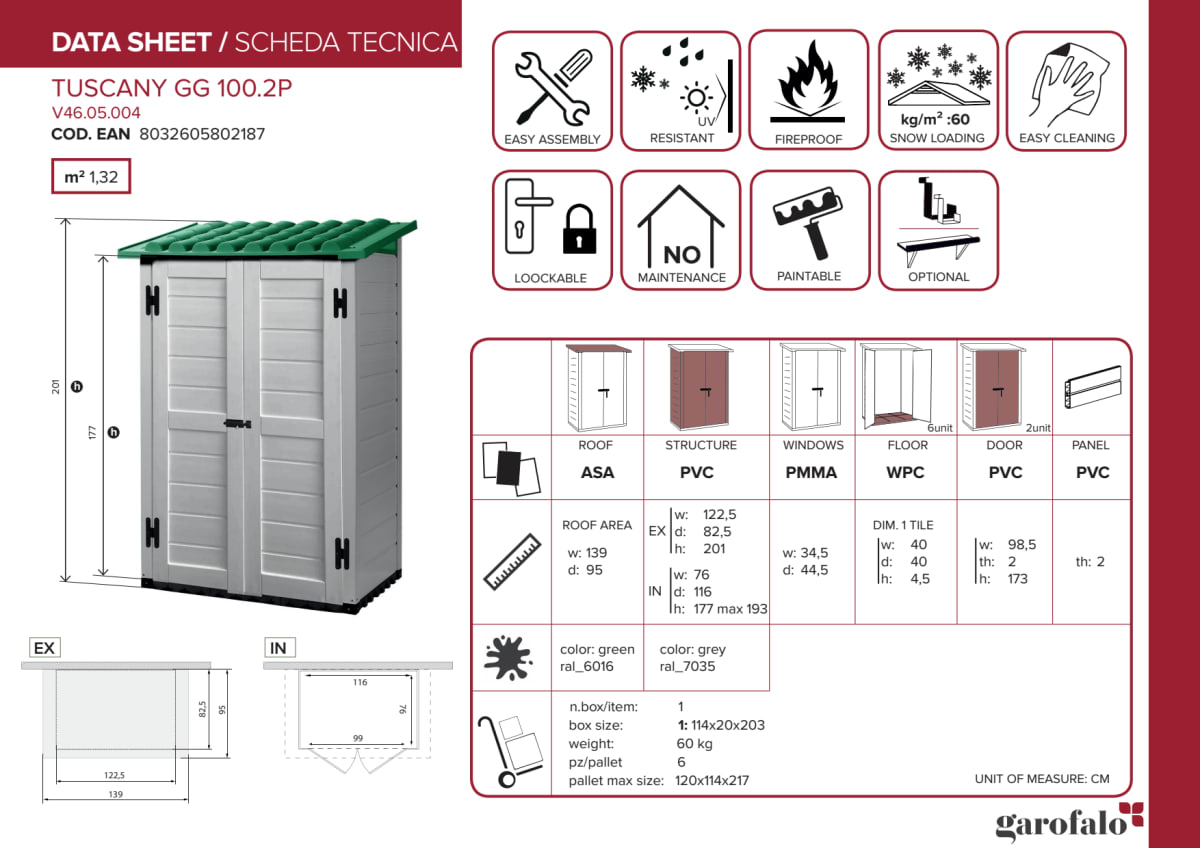 CASETTA DA GIARDINO TUSCANY GG 100.2P 139X95 H.201 GRIGIO