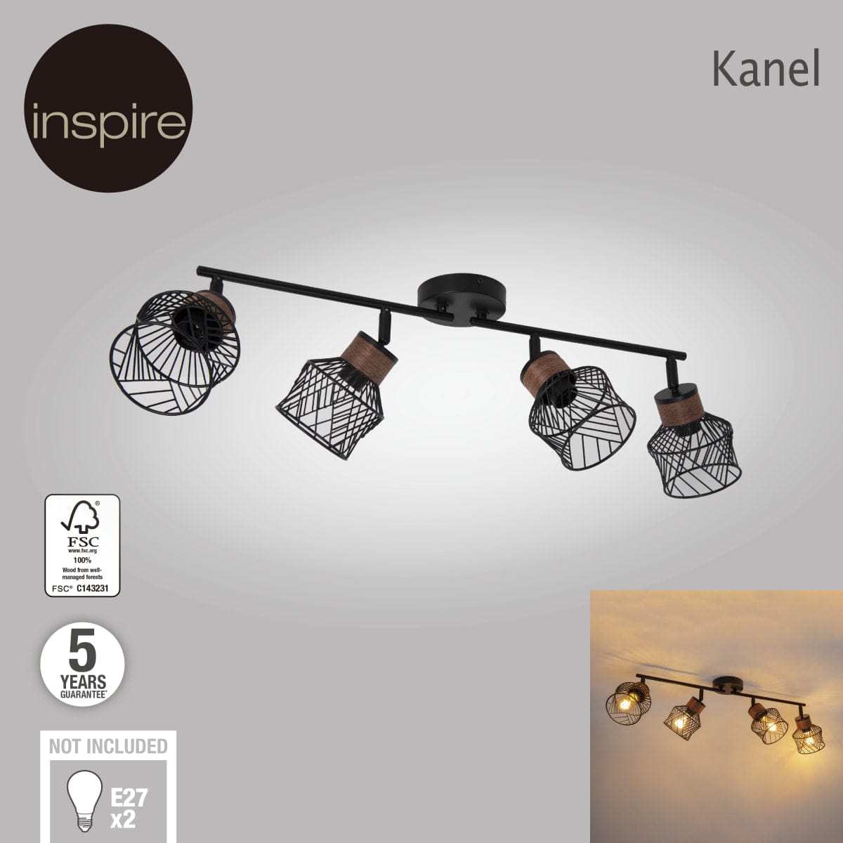 Bricocenter FARETTI KANEL METALLO NERO 12x14cm 4XE27=46W