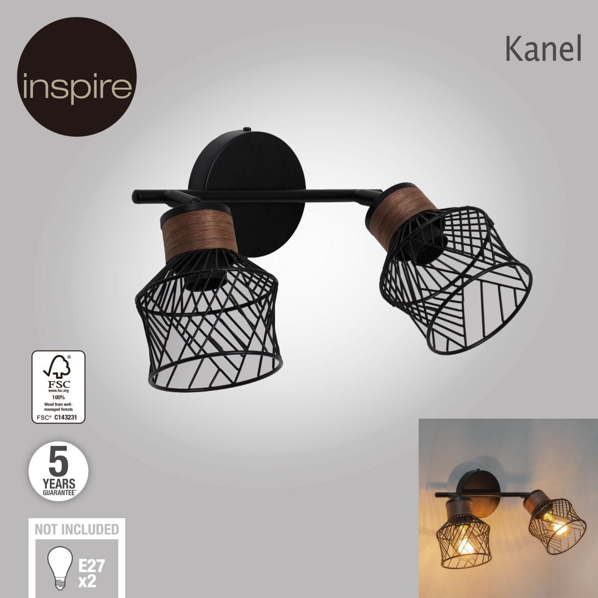 Bricocenter FARETTI KANEL METALLO NERO 12X14CM 2XE27=46W