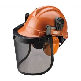 HARD HAT WITH EARPHONES AND MESH VISOR