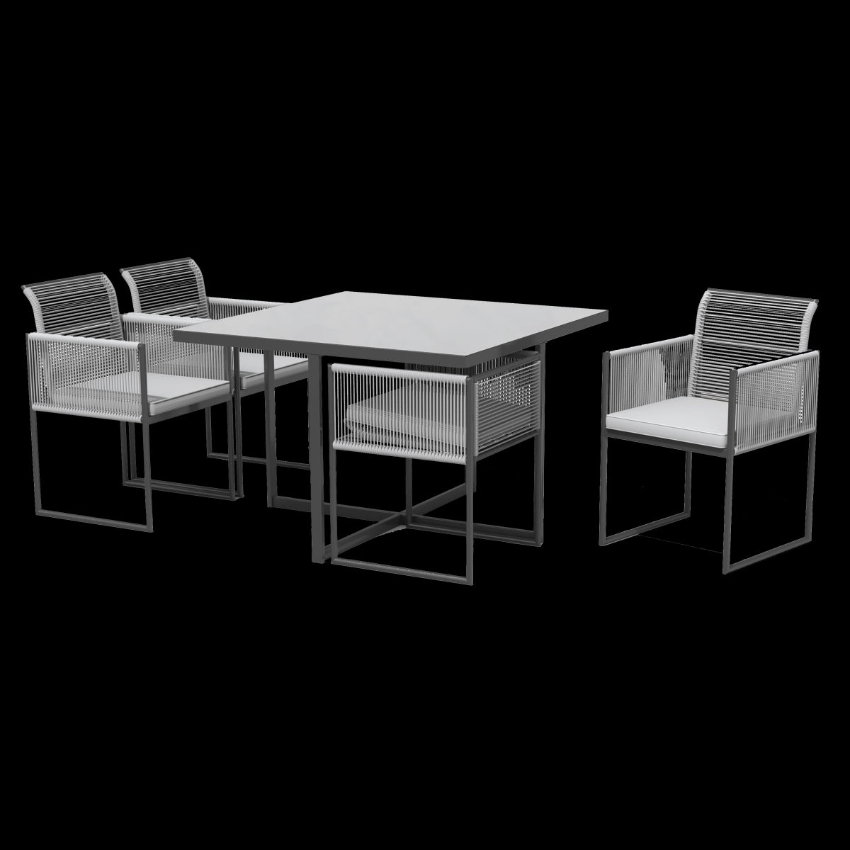 4 SEATER DINING SET 110X110 TABLE WITH GLASS TOP AND 4 SYNTHETIC WICKER CHAIRS