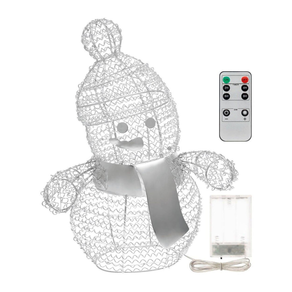 Pupazzo di neve h33cm in metallo color argento, 80 microled bianco freddo d1,5mm