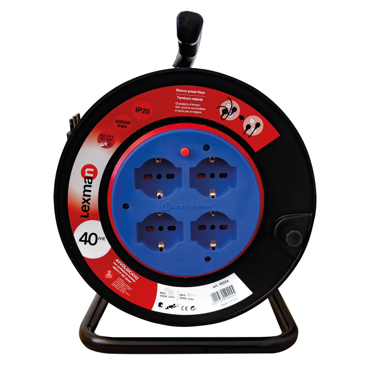 Bricocenter CABLE REEL 40MT 16A PLUG 4 UNIVERSAL SOCKETS FIXED DRUM CIRCUIT BREAKER