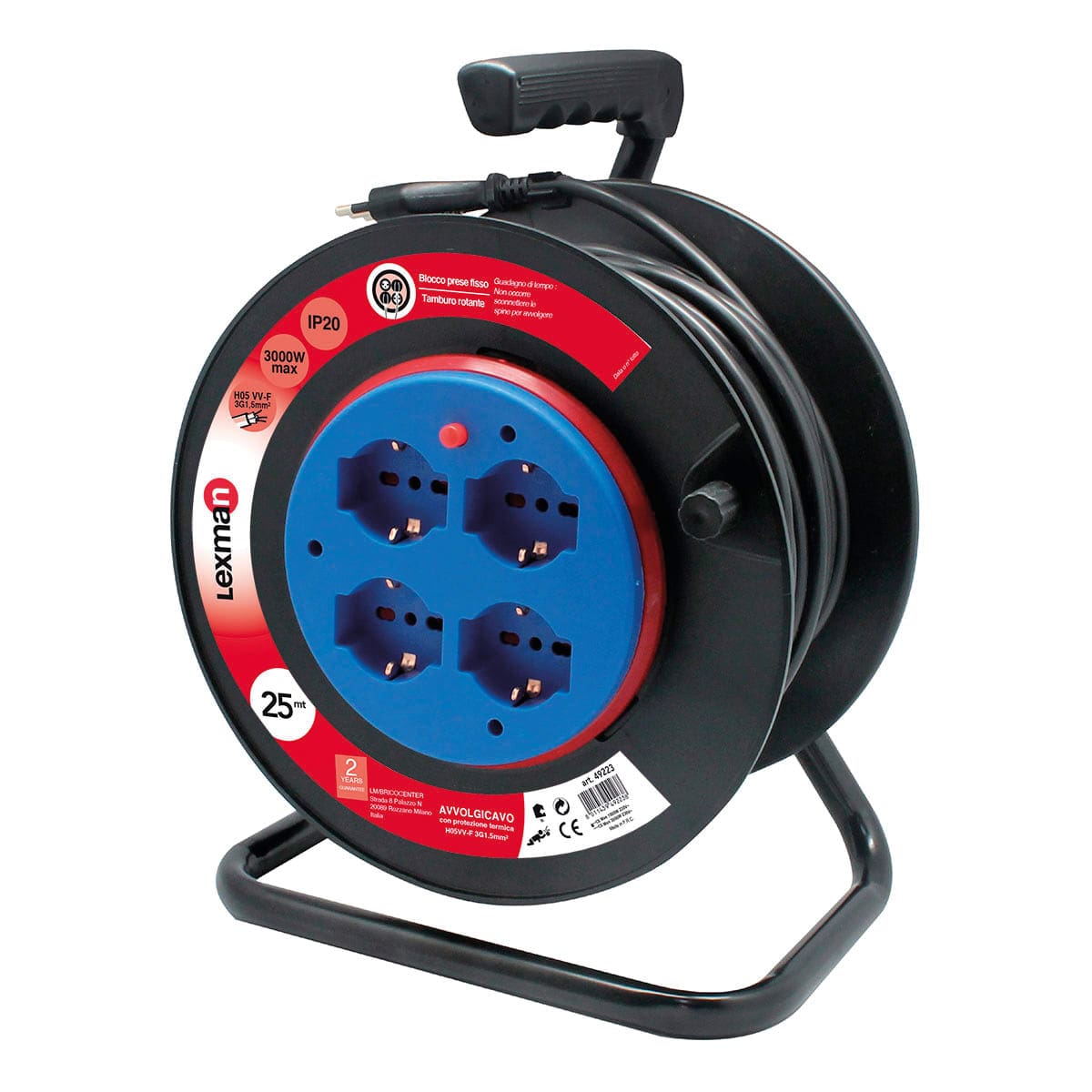 Bricocenter CABLE REEL 40MT 16A PLUG 4 UNIVERSAL SOCKETS FIXED DRUM CIRCUIT BREAKER