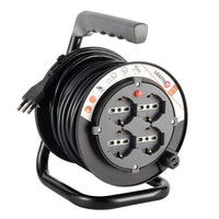15MT CABLE REEL 16A PLUG 4 UNIVERSAL SOCKETS WITH THERMAL CIRCUIT BREAKER BLACK