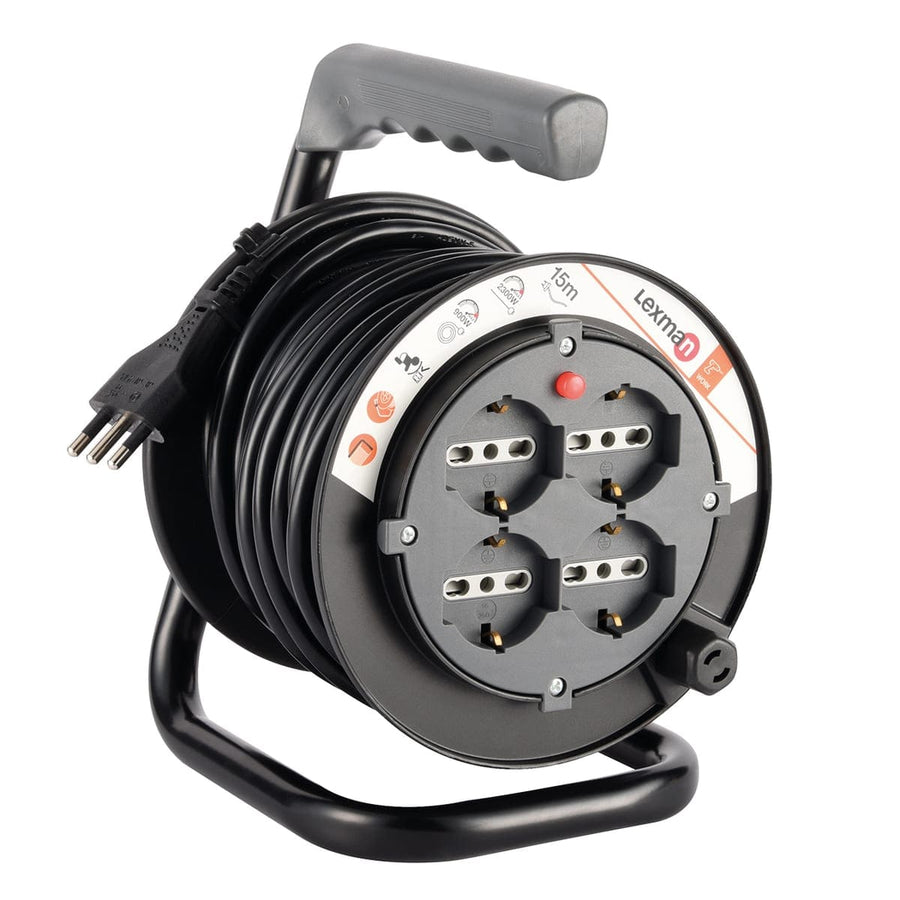 Bricocenter 15MT CABLE REEL 16A PLUG 4 UNIVERSAL SOCKETS WITH THERMAL CIRCUIT BREAKER BLACK