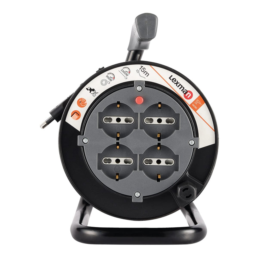 Bricocenter 15MT CABLE REEL 16A PLUG 4 UNIVERSAL SOCKETS WITH THERMAL CIRCUIT BREAKER BLACK