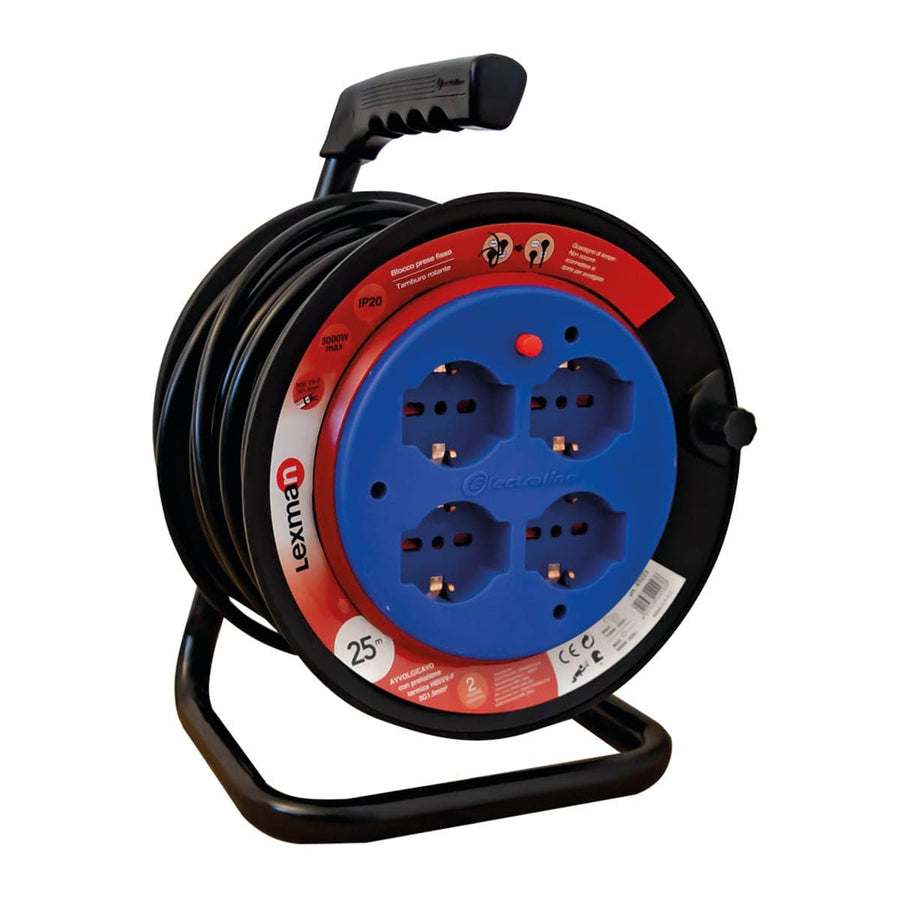Bricocenter CABLE REEL 25MT 16A PLUG 4 UNIVERSAL SOCKETS FIXED DRUM LEXMAN CIRCUIT BREAKER